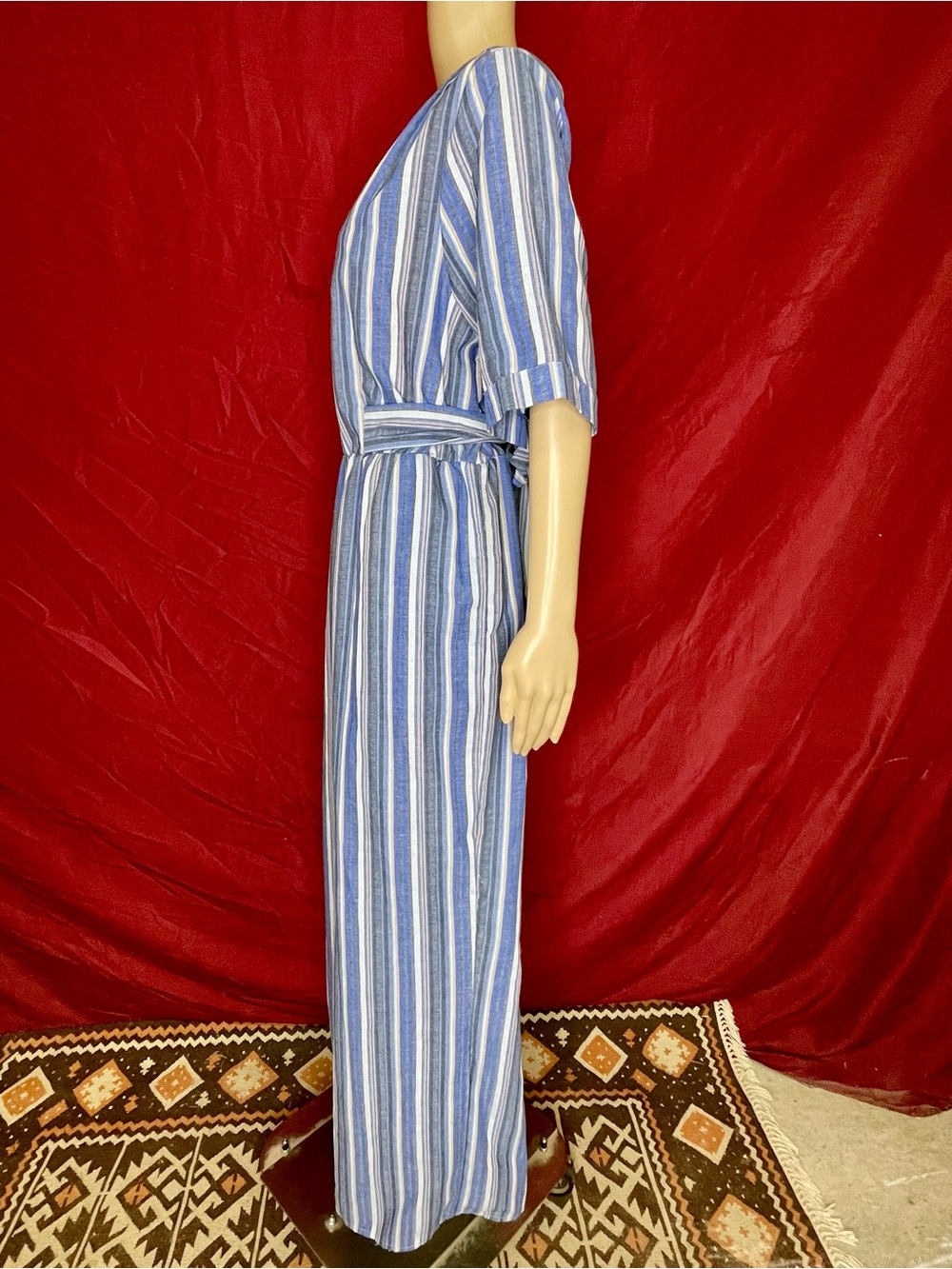 Avenue Blue Striped Tie Waist Linen-Like Cropped Wide Leg Jump Suit size 16 - Picture 6 of 7
